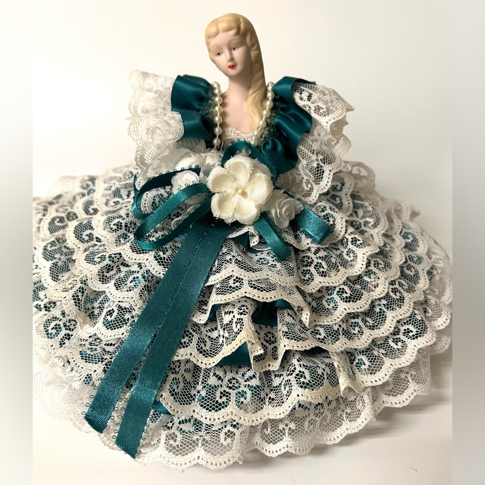 Handmade Wicker Basket Clamshell Shaped Girl Doll Figurine Teal Dress Lace 11 in